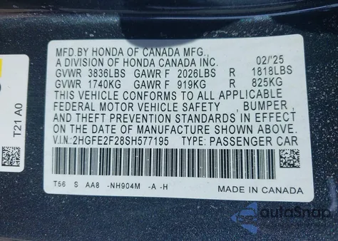 2025 Honda Civic Lx из США, поврежденный, VIN 2HGFE2F28SH577195